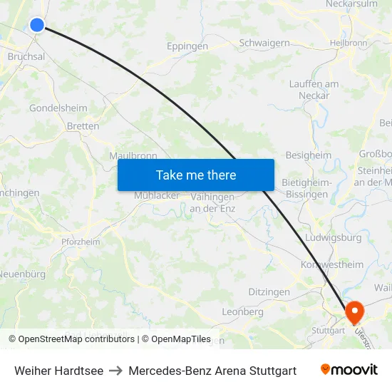 Weiher Hardtsee to Mercedes-Benz Arena Stuttgart map