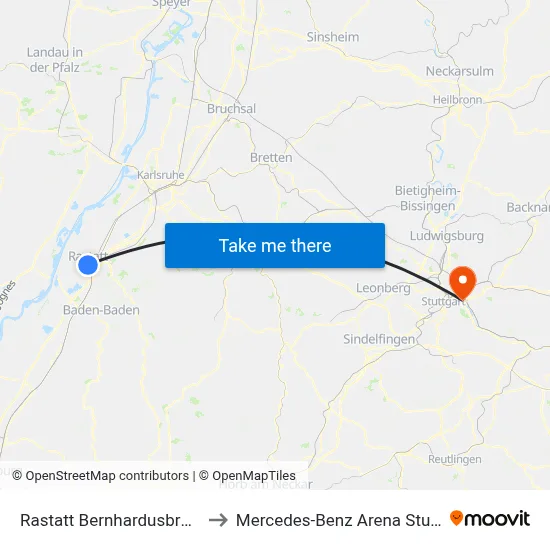 Rastatt Bernhardusbrunnen to Mercedes-Benz Arena Stuttgart map