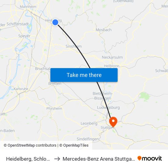 Heidelberg, Schloss to Mercedes-Benz Arena Stuttgart map