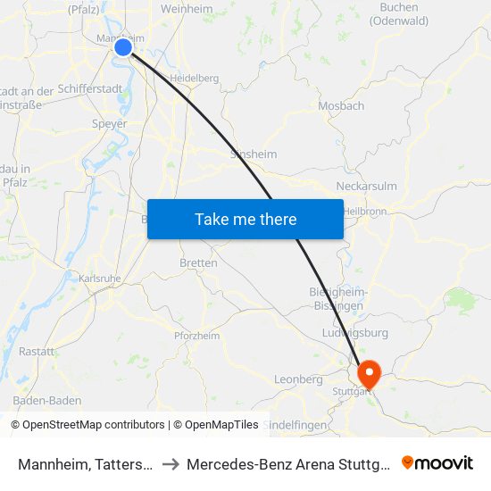 Mannheim, Tattersall to Mercedes-Benz Arena Stuttgart map