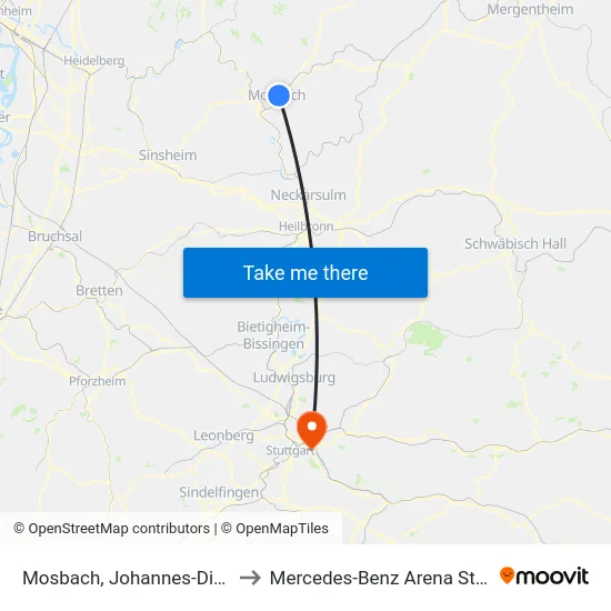 Mosbach, Johannes-Diakonie to Mercedes-Benz Arena Stuttgart map