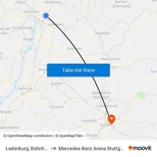 Ladenburg, Bahnhof to Mercedes-Benz Arena Stuttgart map