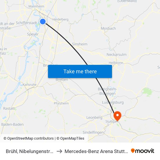 Brühl, Nibelungenstraße to Mercedes-Benz Arena Stuttgart map