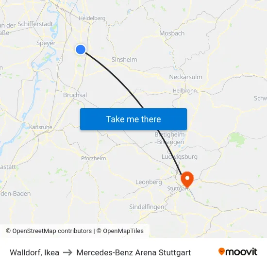 Walldorf, Ikea to Mercedes-Benz Arena Stuttgart map