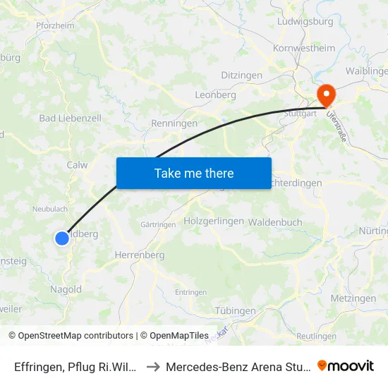 Effringen, Pflug Ri.Wildberg to Mercedes-Benz Arena Stuttgart map