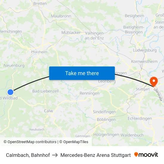 Calmbach, Bahnhof to Mercedes-Benz Arena Stuttgart map