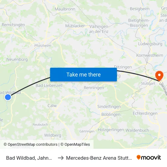 Bad Wildbad, Jahnweg to Mercedes-Benz Arena Stuttgart map