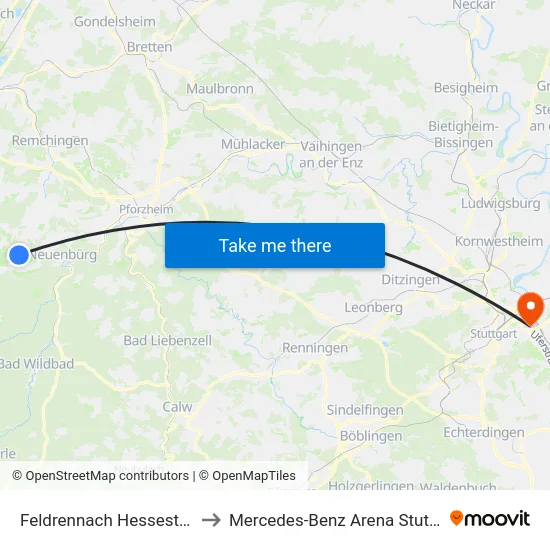Feldrennach Hessestraße to Mercedes-Benz Arena Stuttgart map