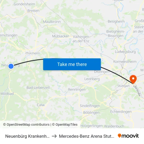 Neuenbürg Krankenhaus to Mercedes-Benz Arena Stuttgart map