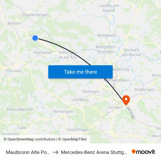 Maulbronn Alte Post to Mercedes-Benz Arena Stuttgart map