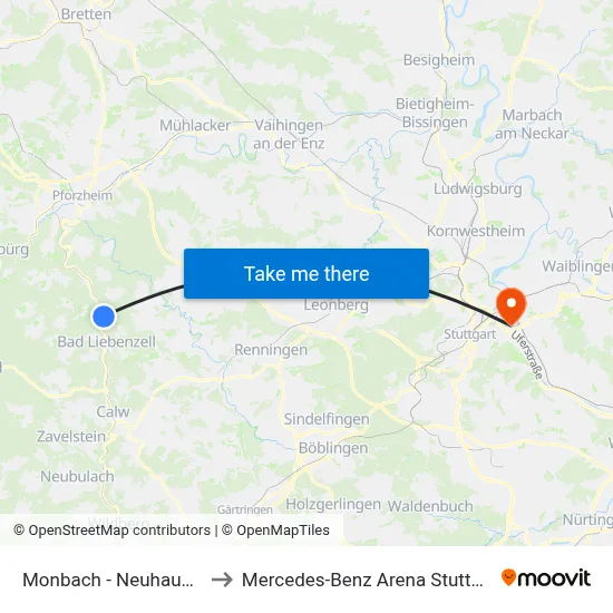 Monbach - Neuhausen to Mercedes-Benz Arena Stuttgart map