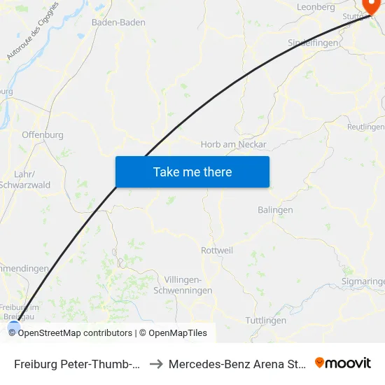 Freiburg Peter-Thumb-Straße to Mercedes-Benz Arena Stuttgart map