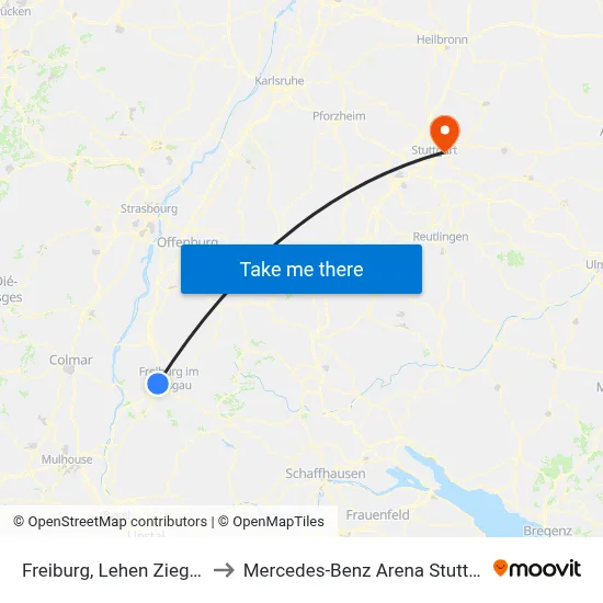 Freiburg, Lehen Ziegelei to Mercedes-Benz Arena Stuttgart map