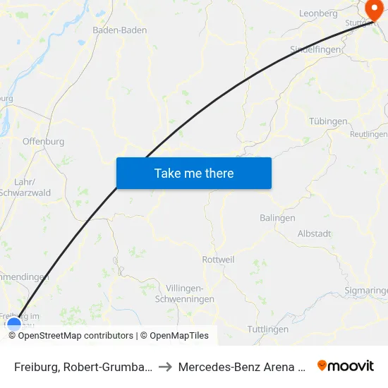 Freiburg, Robert-Grumbach-Platz to Mercedes-Benz Arena Stuttgart map