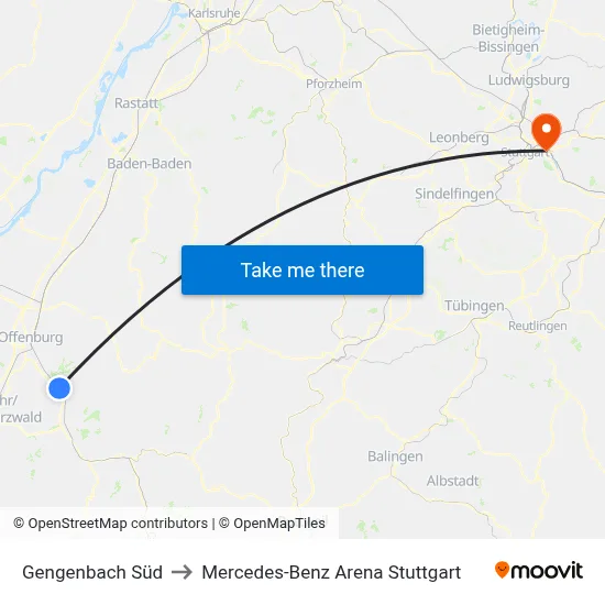 Gengenbach Süd to Mercedes-Benz Arena Stuttgart map