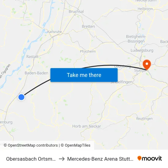 Obersasbach Ortsmitte to Mercedes-Benz Arena Stuttgart map