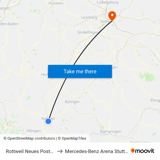 Rottweil Neues Postamt to Mercedes-Benz Arena Stuttgart map
