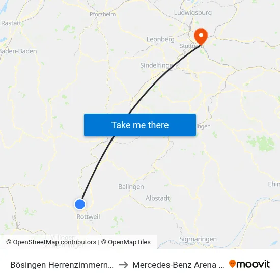 Bösingen Herrenzimmern Dorfplatz to Mercedes-Benz Arena Stuttgart map