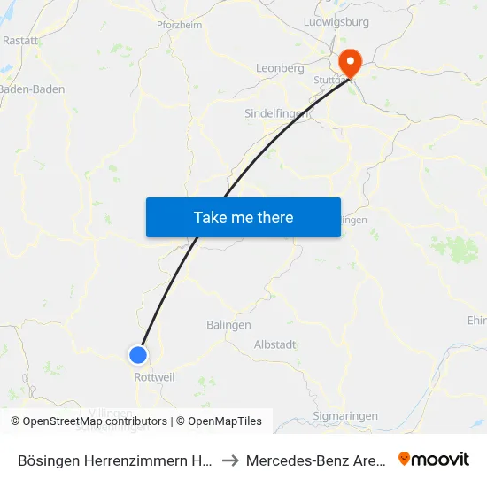 Bösingen Herrenzimmern Hochwaldstraße to Mercedes-Benz Arena Stuttgart map