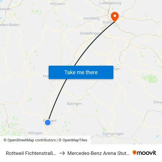 Rottweil Fichtenstraße 47 to Mercedes-Benz Arena Stuttgart map