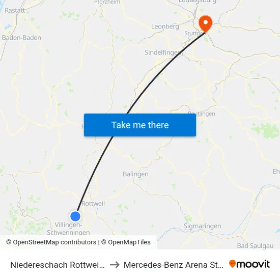 Niedereschach Rottweiler Str. to Mercedes-Benz Arena Stuttgart map