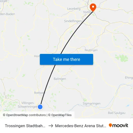 Trossingen Stadtbahnhof to Mercedes-Benz Arena Stuttgart map