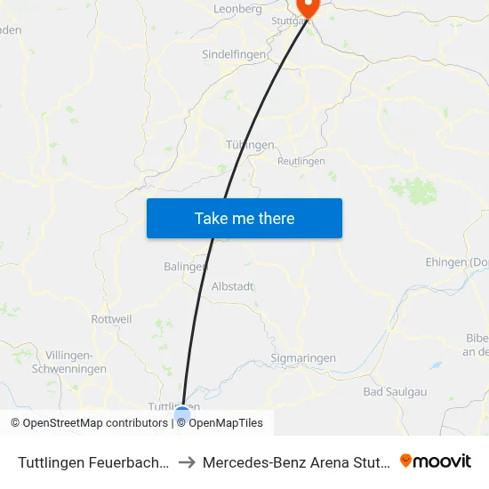 Tuttlingen Feuerbachweg to Mercedes-Benz Arena Stuttgart map