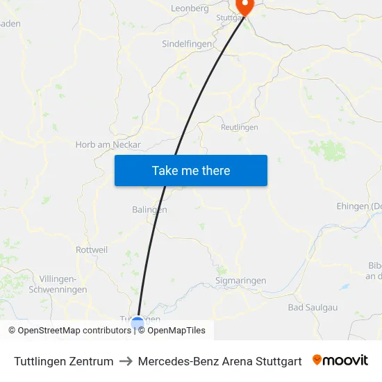 Tuttlingen Zentrum to Mercedes-Benz Arena Stuttgart map