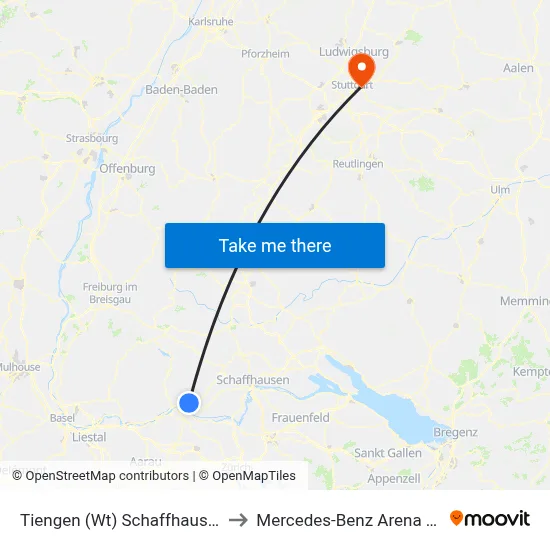 Tiengen (Wt) Schaffhauser Straße to Mercedes-Benz Arena Stuttgart map