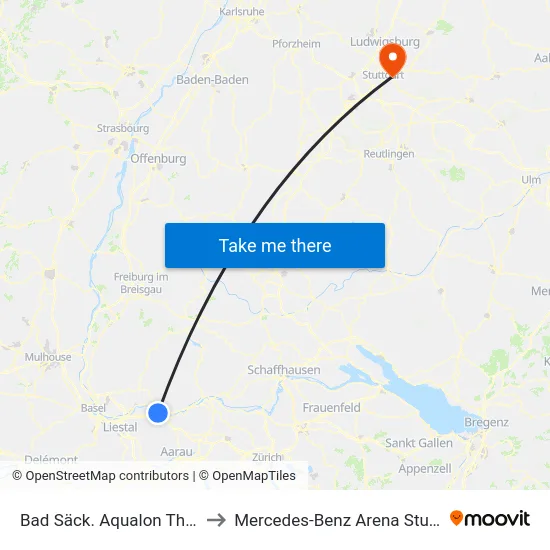 Bad Säck. Aqualon Therme to Mercedes-Benz Arena Stuttgart map