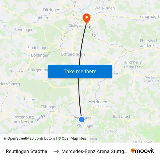 Reutlingen Stadthalle to Mercedes-Benz Arena Stuttgart map