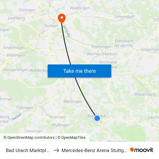 Bad Urach Marktplatz to Mercedes-Benz Arena Stuttgart map