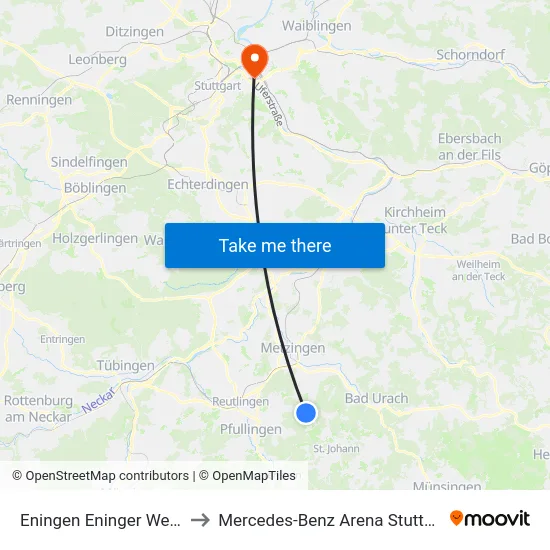 Eningen Eninger Weide to Mercedes-Benz Arena Stuttgart map