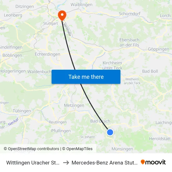Wittlingen Uracher Straße to Mercedes-Benz Arena Stuttgart map