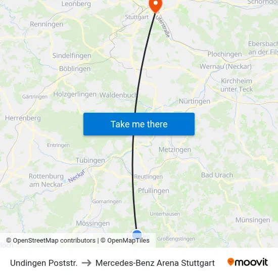 Undingen Poststr. to Mercedes-Benz Arena Stuttgart map