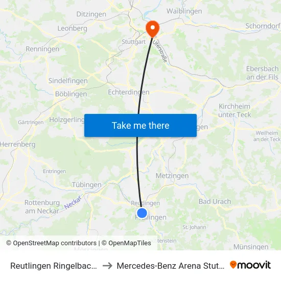 Reutlingen Ringelbachstr. to Mercedes-Benz Arena Stuttgart map