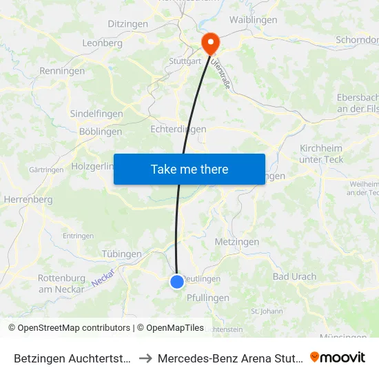 Betzingen Auchtertstraße to Mercedes-Benz Arena Stuttgart map