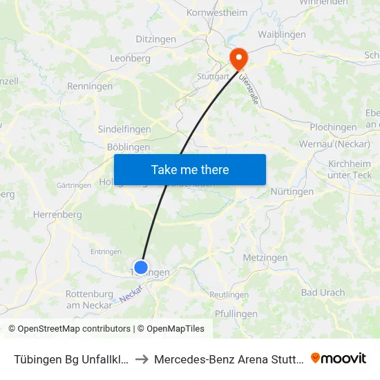 Tübingen Bg Unfallklinik to Mercedes-Benz Arena Stuttgart map