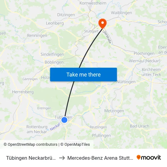 Tübingen Neckarbrücke to Mercedes-Benz Arena Stuttgart map
