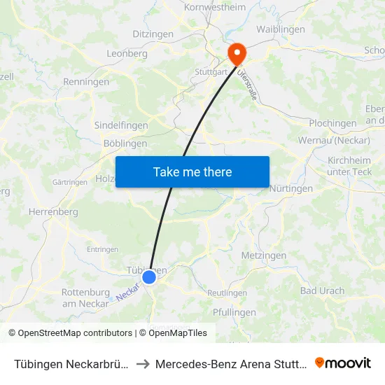 Tübingen Neckarbrücke to Mercedes-Benz Arena Stuttgart map