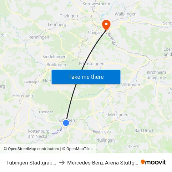 Tübingen Stadtgraben to Mercedes-Benz Arena Stuttgart map