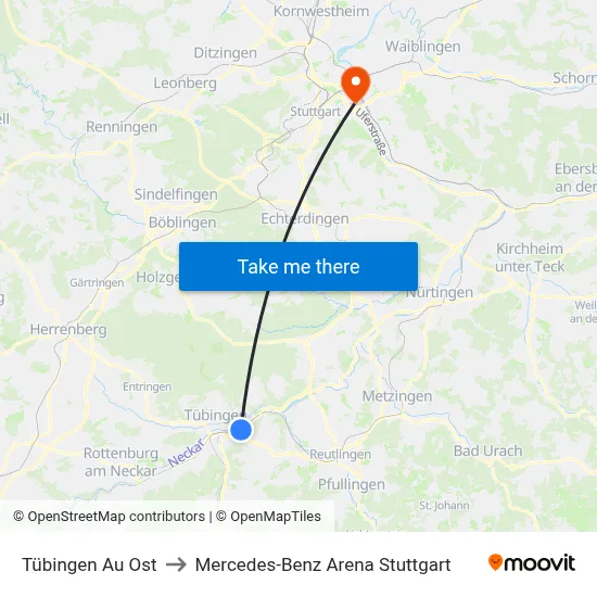 Tübingen Au Ost to Mercedes-Benz Arena Stuttgart map