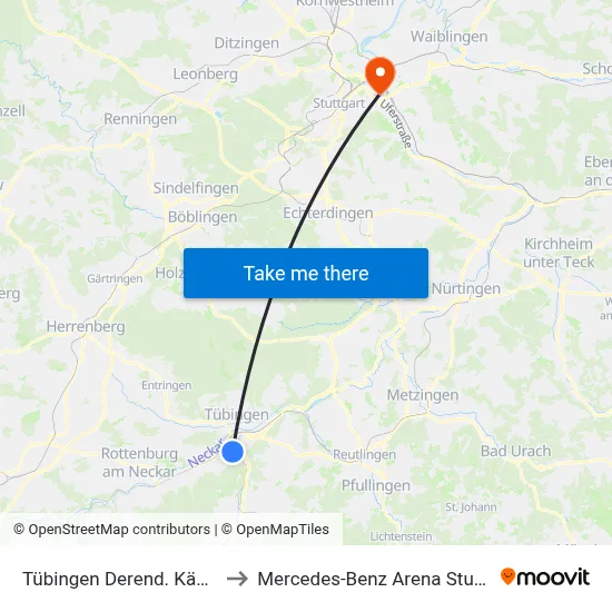 Tübingen Derend. Käppele to Mercedes-Benz Arena Stuttgart map