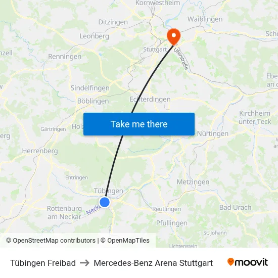 Tübingen Freibad to Mercedes-Benz Arena Stuttgart map