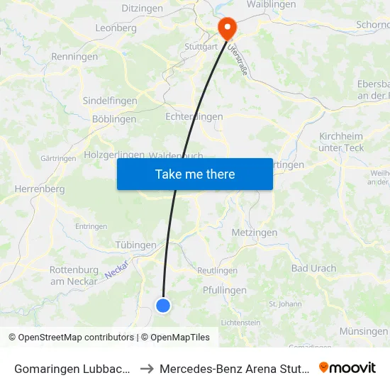 Gomaringen Lubbachstr. to Mercedes-Benz Arena Stuttgart map