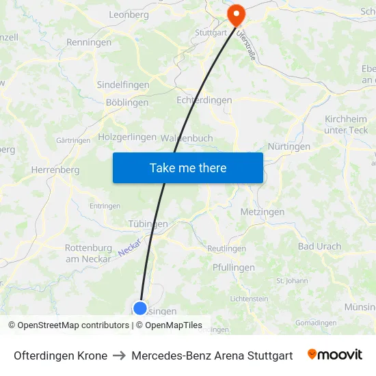 Ofterdingen Krone to Mercedes-Benz Arena Stuttgart map
