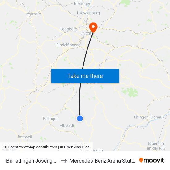 Burladingen Josengasse to Mercedes-Benz Arena Stuttgart map