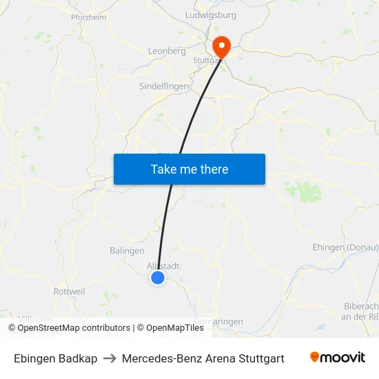 Ebingen Badkap to Mercedes-Benz Arena Stuttgart map