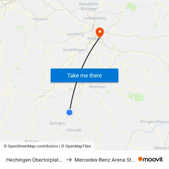 Hechingen Obertorplatz West to Mercedes-Benz Arena Stuttgart map