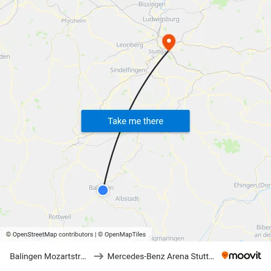 Balingen Mozartstraße to Mercedes-Benz Arena Stuttgart map